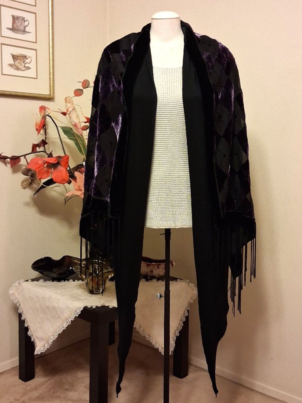 NWOT Linea Domani Quality Knit Cardigan Sweater with Purple Printed Scarf M